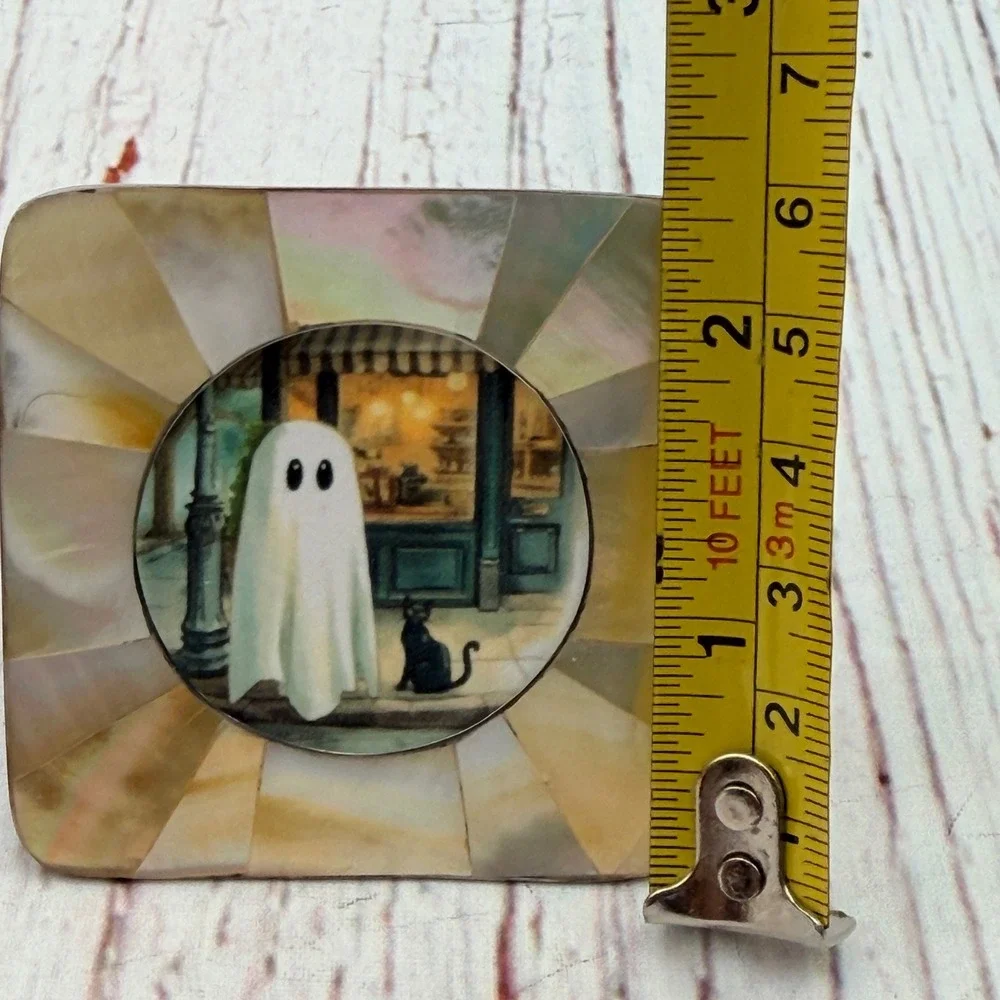 Vintage Mother of Pearl Mini Frame Ghost and Black Cat Decoupage Art Print 2.5in